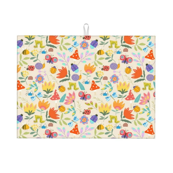 Sikiie Insects In Plants Dish Drying Mat, Kitchen Counter Mat, Self Drying Mat for Kitchen Counter Dish Drying Pad ,for Dishes, Utensils, Pots and Pans（24" x 18"）