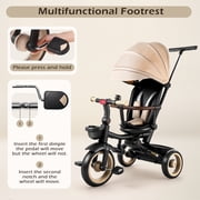 JoyStone 7 in 1 Foldable Tricycle Stroller for Toddler, Baby Tricycle with Adjustable Canopy, Parent Handle, Removable Pedals, Seat Belt and Storage Basket, Kids Bike for Ages 1-6 Boys & Girls, Khaki