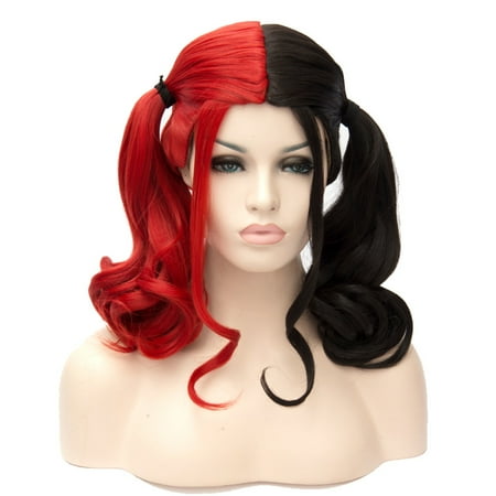 - CoastaCloud COSPLAY ACG Costume Wigs Hair Ponytail,Suicide Squad Harley Quinn Wig Lovely Lolita Curly Bunches Hair Wig,Black Red Anime Hair