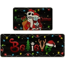 Merry Christmas Believe Kitchen Rugs Set of 2, Xmas Jack Skellington Sally Black Kitchen Mats Decor, Funny Holiday Floor Door Mat Home Decorations -17x29 and 17x47 Inch