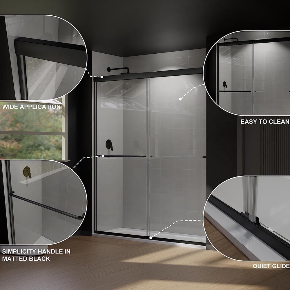 56-60" W x 70" H Semi-Frameless Sliding Shower Door, Glass Shower Door with 1/4'' (6mm) Clear Tempered Glass, Shower Doors can be Installed Left and Right