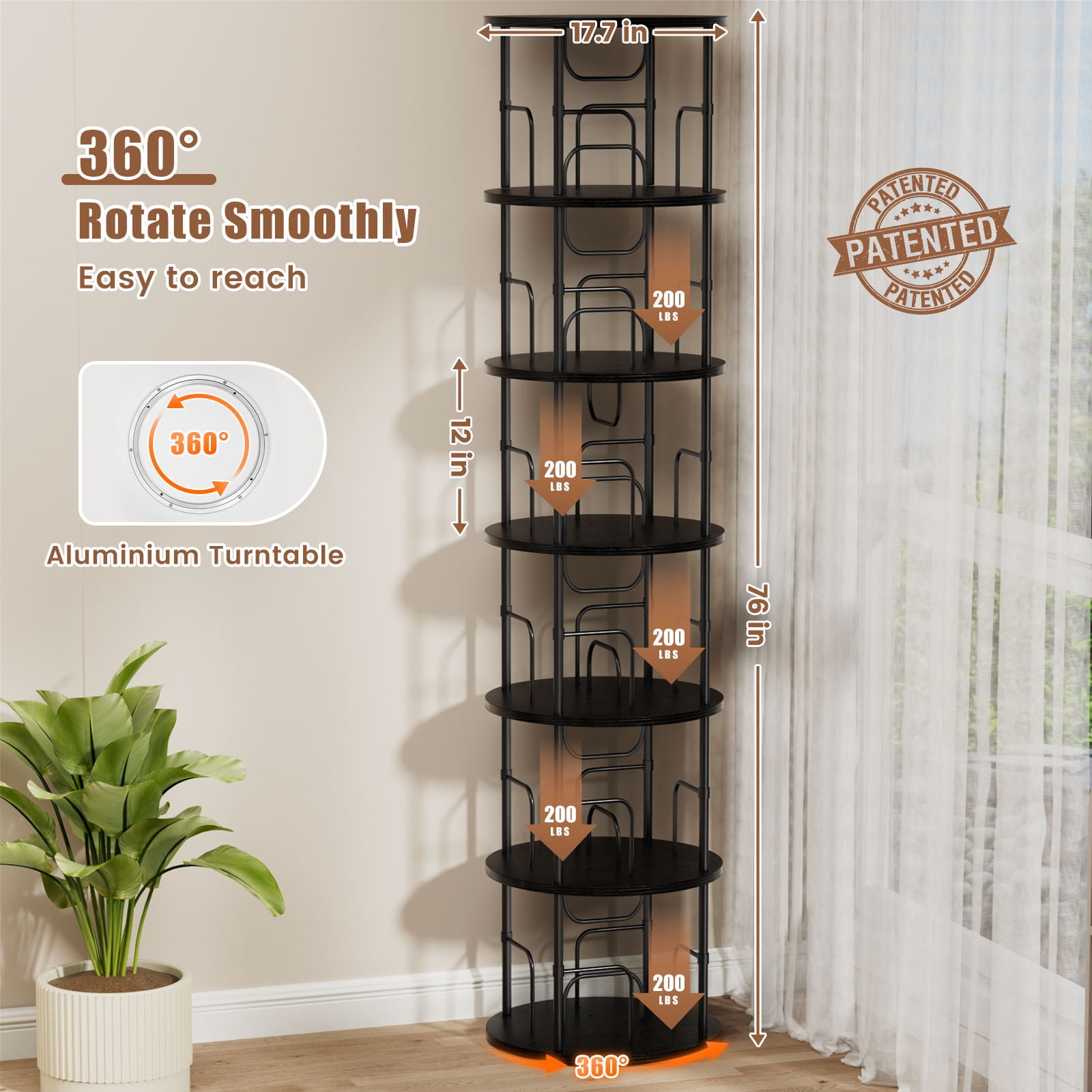 Flycity 6 Tier Rotate Bookcases, 360° Display Spin Bookcases Corner Shelf with Special Visible Partition Storage, Black