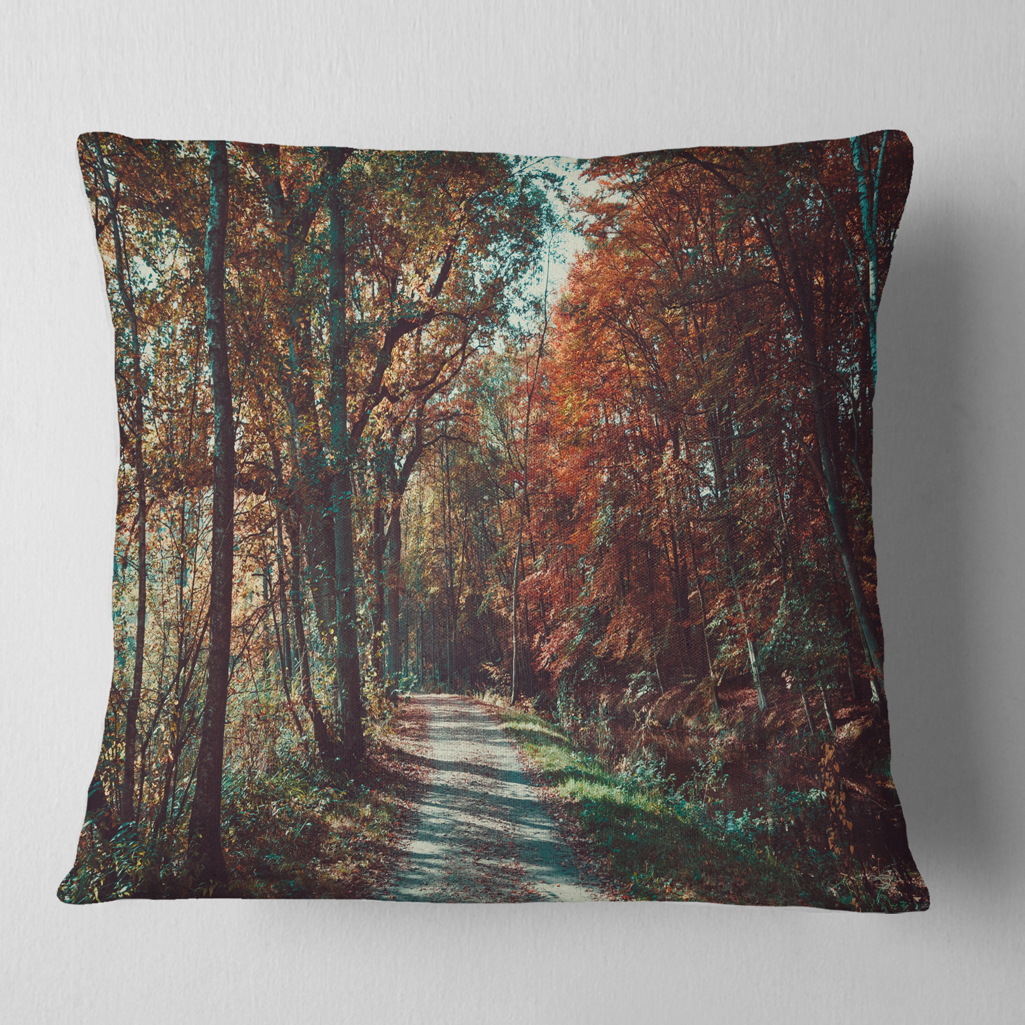 Designart Road Through Red Fall Forest - Landscape Photo Throw Pillow - 16x16