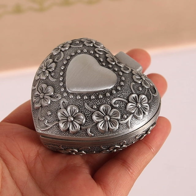 Caja de joyería clásica Vintage antigua con forma de corazón, anillo, baratija pequeña, organizador de almacenamiento, cofre, regalo de Navidad, plata