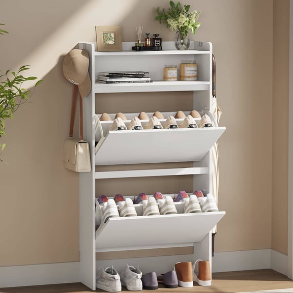 Freestanding Shoe Cabinet Organizer with 2 Drawers, Narrow Entryway Shoe Rack Storage, White, 23.6" W