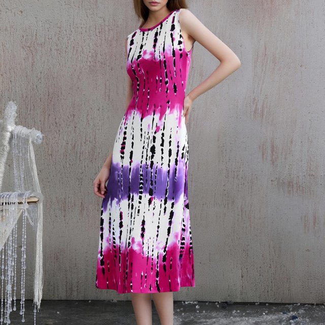 Ovzne Robes d'Été pour Femmes Robe Femme Printemps Été Couleur Unie Col Rond Sans Manches Robe Décontractée Robe Femme Liquidation
