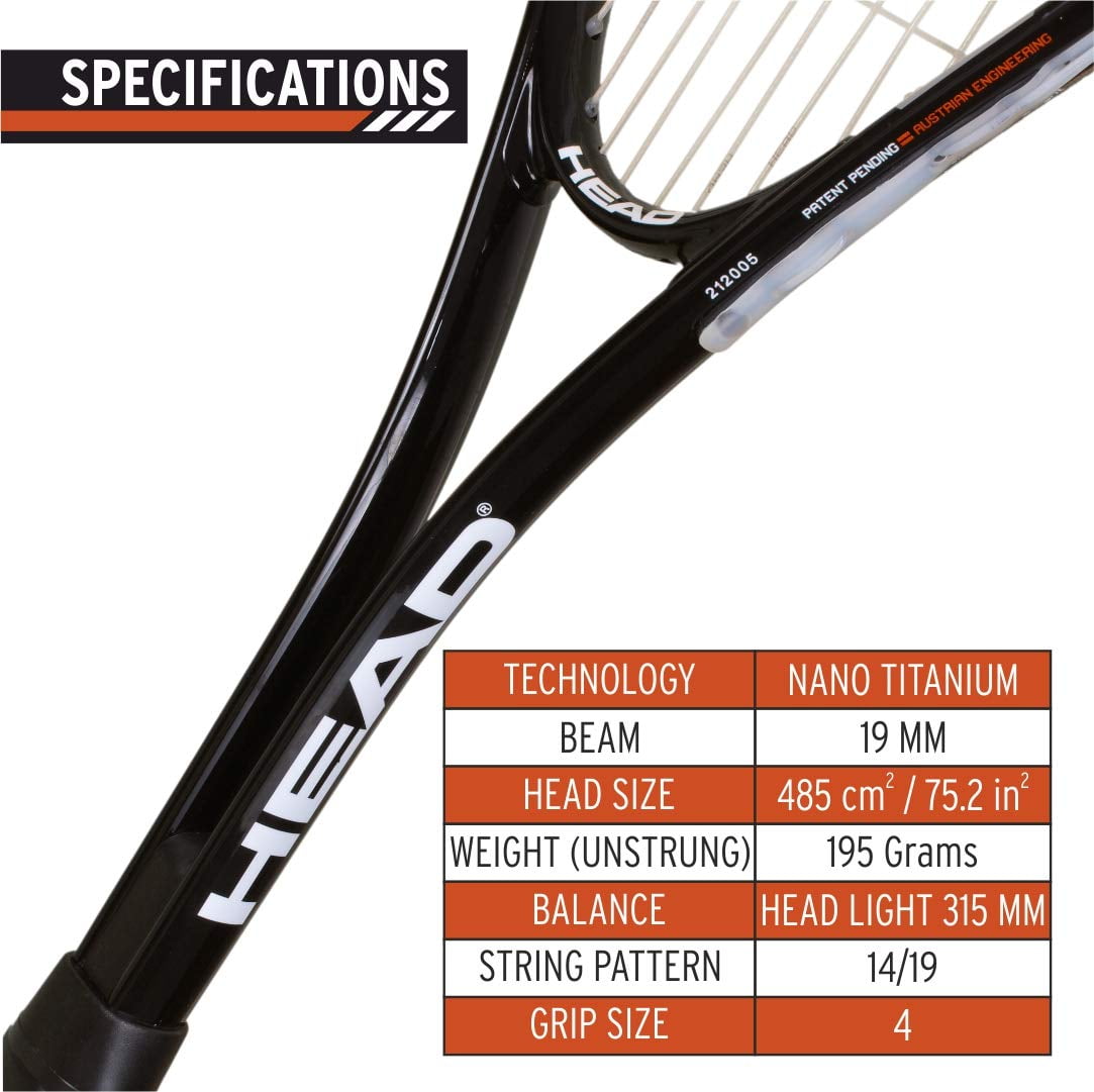 Head Nano Titanium Graphite Spector 2.0 Squash Racquet, Black & White | For Intermediate | String Pattern - 14/19 | Grip Size - 4; Contents : 1 Squash Racquet