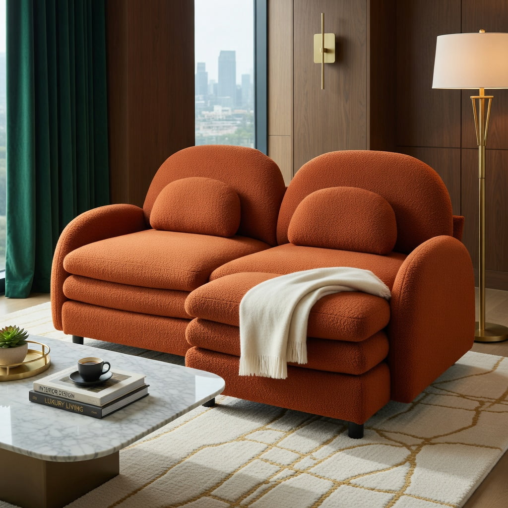 Hommoo Teddy Fleece 2-Seat Modular Loveseat Sofa with Movable Ottoman, Cloud-Like Double-Layer Cushions & Curved Lumbar Pillows, Orange