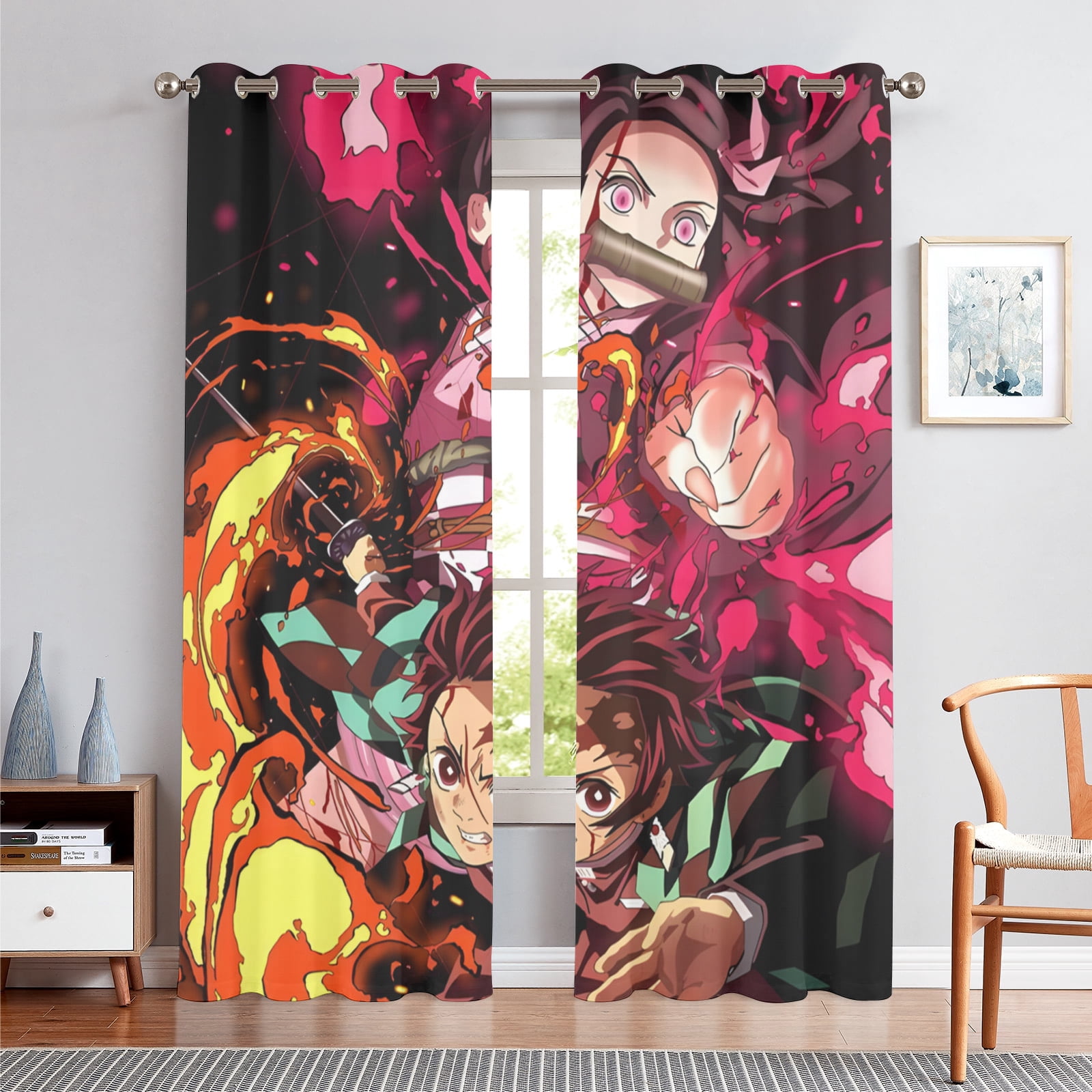 Anime Curtains for Bedroom Drapes Slayer Tanjirou Inosuke Kyoujurou Print Design Window Treatments Curtain Panel Set, 2-Panels, 52" W x 63" L