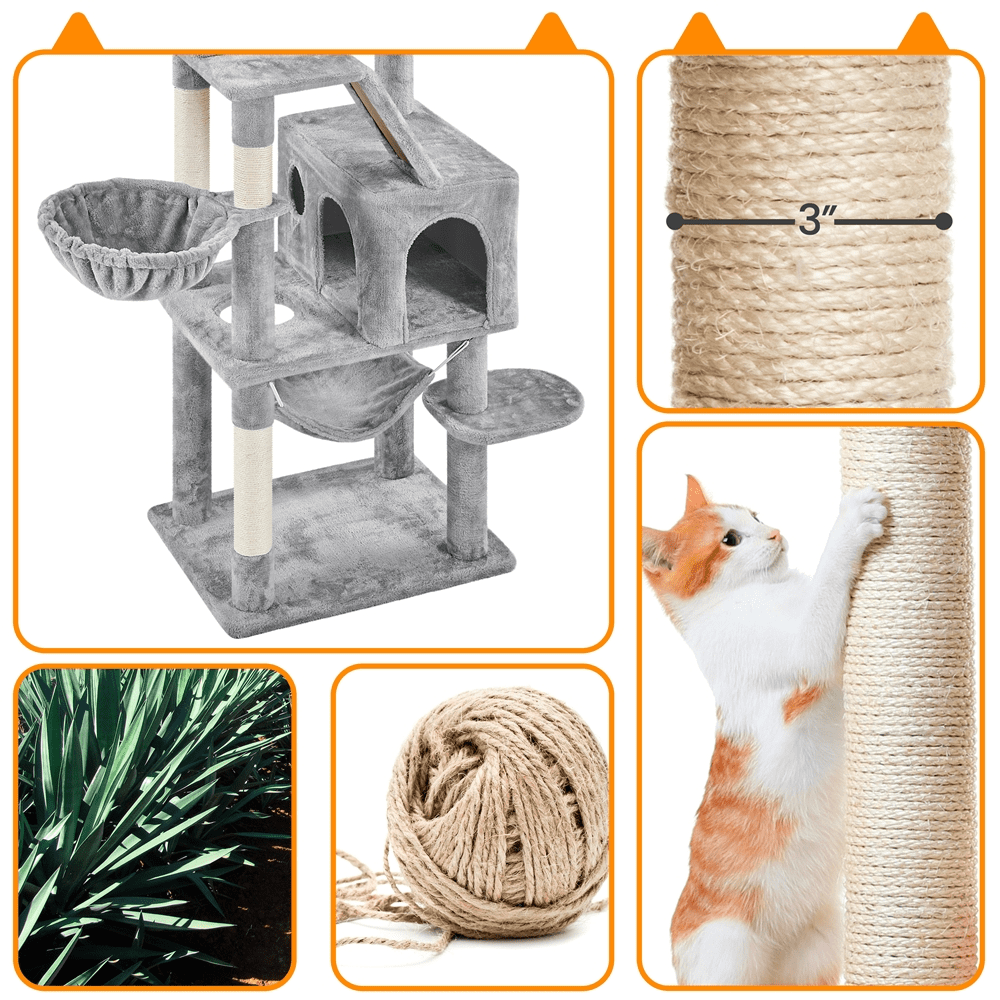 Alden Design 71.5″ H Multi-Level Large Cat Tree with 2 Cozy Perches and 2 Condos, Light Gray