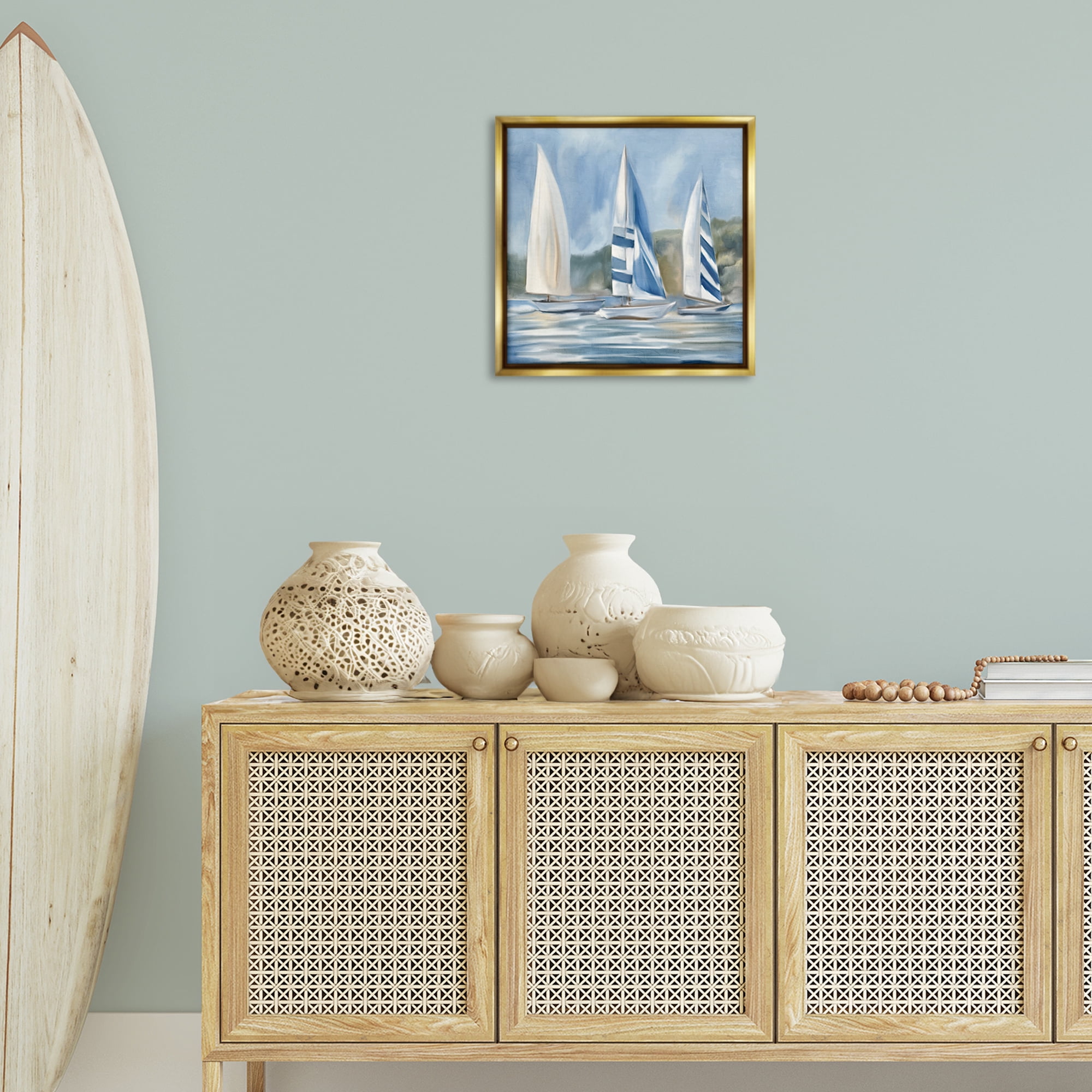 Stupell Industries Sailboat Trio Drifting Coastal Painting Gold Floater Framed Canvas Art Print Wall Art, 18 x 18