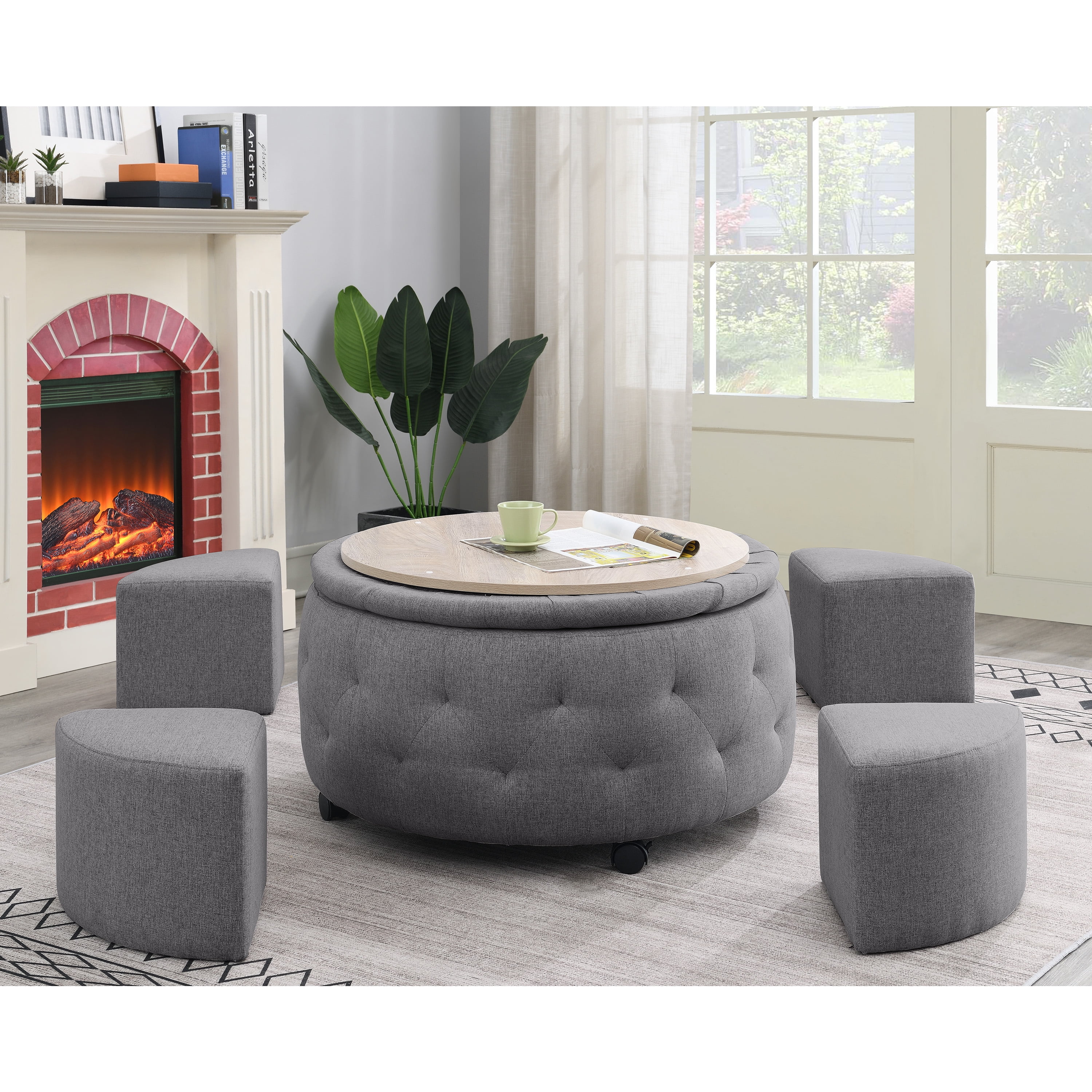 AC Pacific Matt Round Storage Ottoman with Reversible Tray Top, Dark Grey
