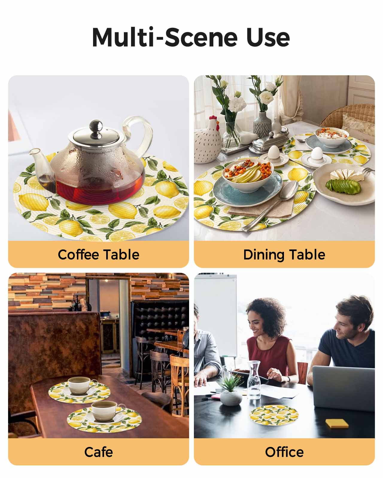Summer Yellow Lemons Round Table Placemats set of 8, Watercolor Green Floral Leaves Washable Woven Place Mats for Dining Tables Kitchen Party Decor,Heat Proof, 15in,