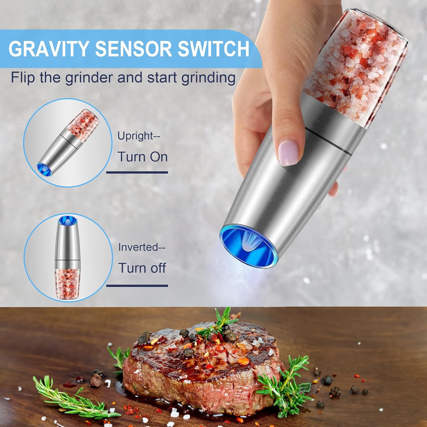 Gravity Electric Salt and Pepper Grinder Set - Automatic Shakers Mill Grinder with LED Light - Battery Powered Adjustable Coarseness One Hand Operation - Upgraded Larger Capacity - Sliver