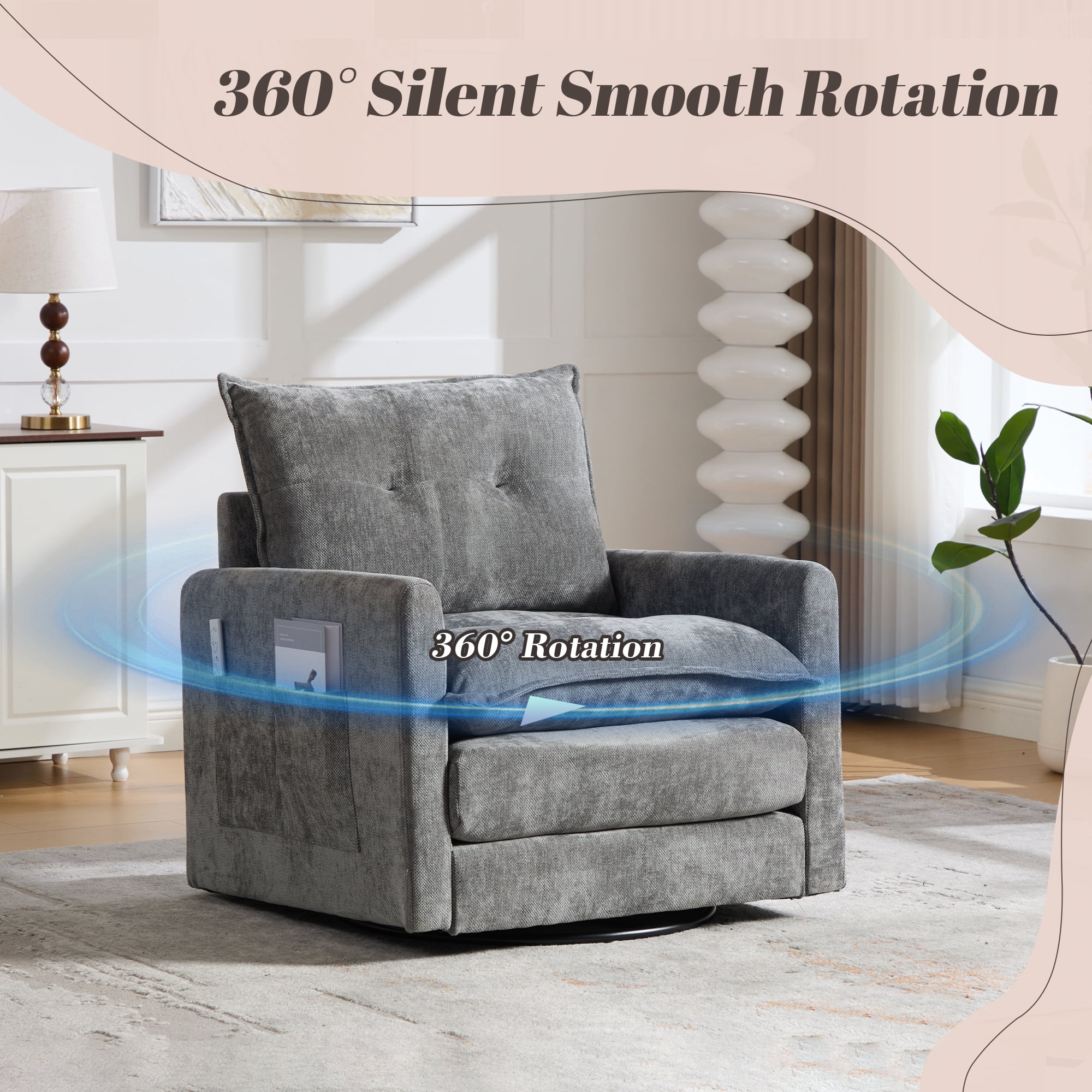 Leumius Swivel Accent Chair,Mid Century Modern Chenille Armchair with Thick Padded and Metal Base,Swivel Single Sofa Chair Barrel Reading Chair for Living Room Bedroom,Gray