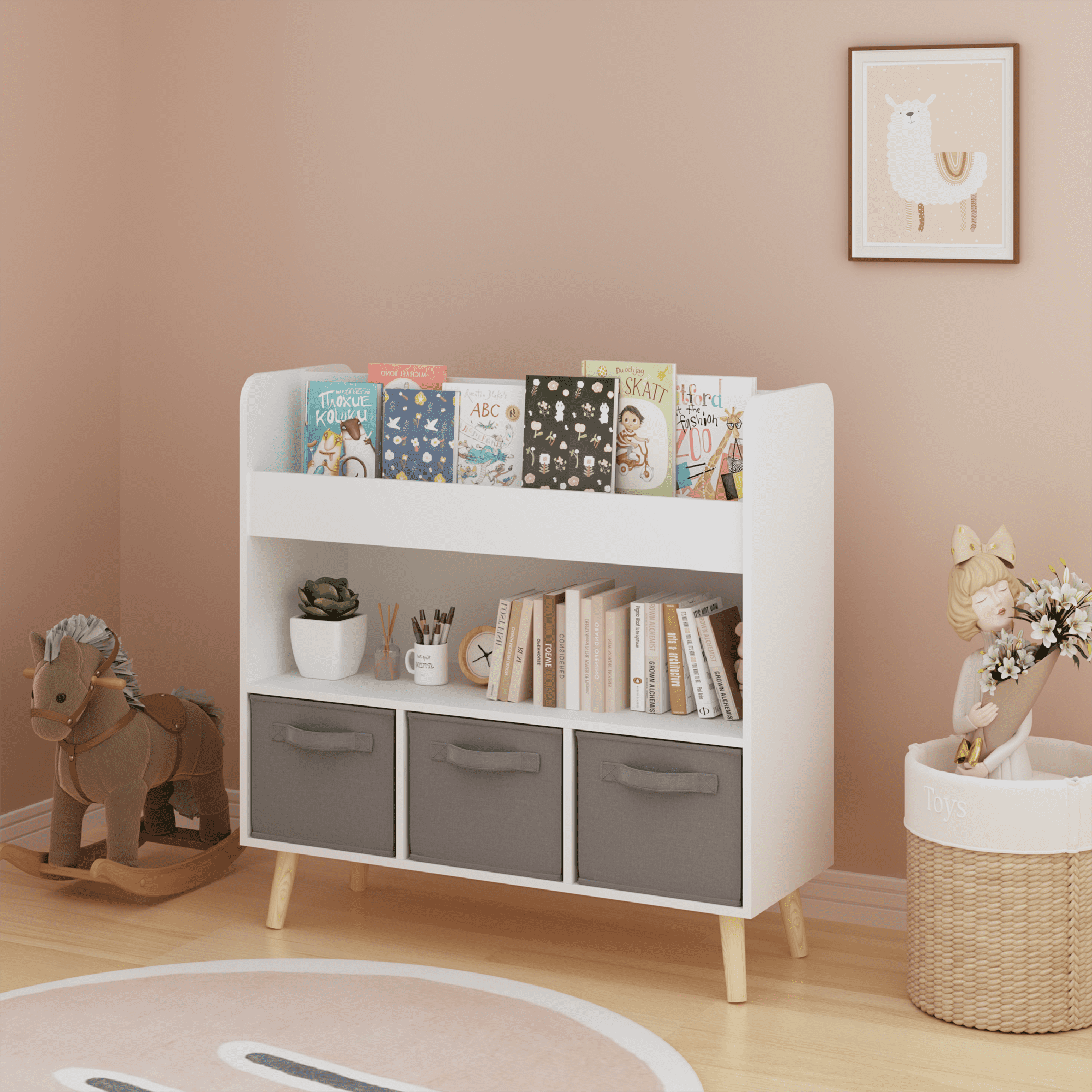 Kids Bookshelf with 3 Removable Fabric Bins, 4 Open Display Shelves, Wooden Toy & Book Organizer for Playroom Bedroom Nursery