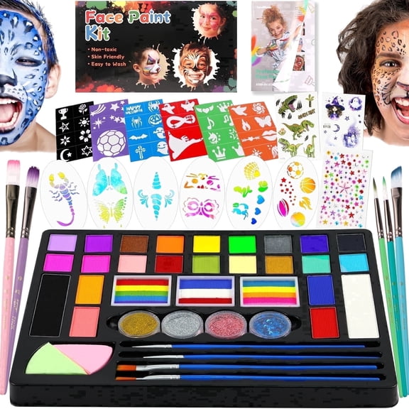 CandWuom Face Painting Kit for Kids –24 Colors Water Based Body Face Paint Kit Includes Reusable Stencils, Brushes, Stencils, Professional Makeup Kit Supplies for Girl
