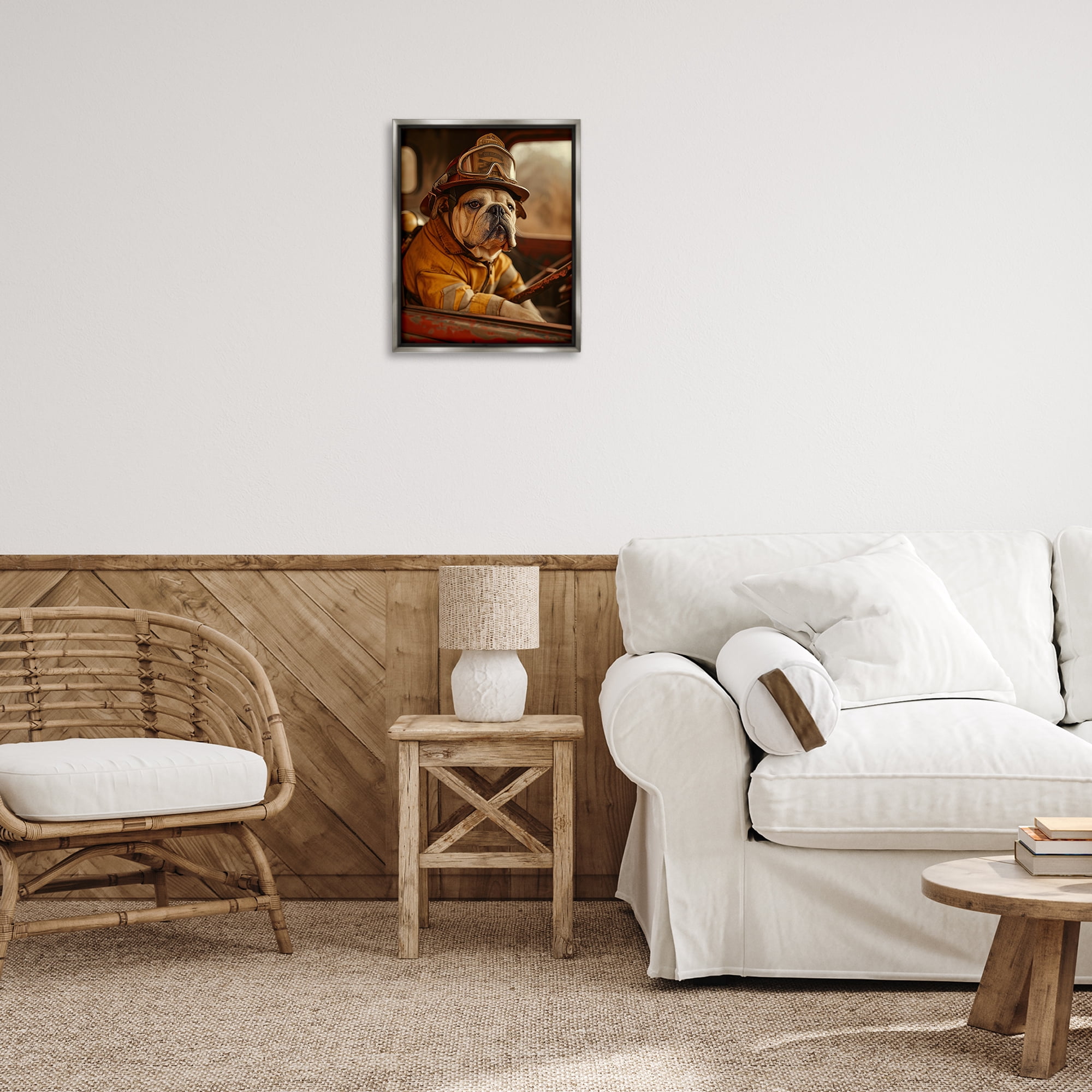 Stupell Industries Rustic Bulldog Fireman Novelty Painting Gray Floater Framed Canvas Art Print Wall Art, 17 x 21