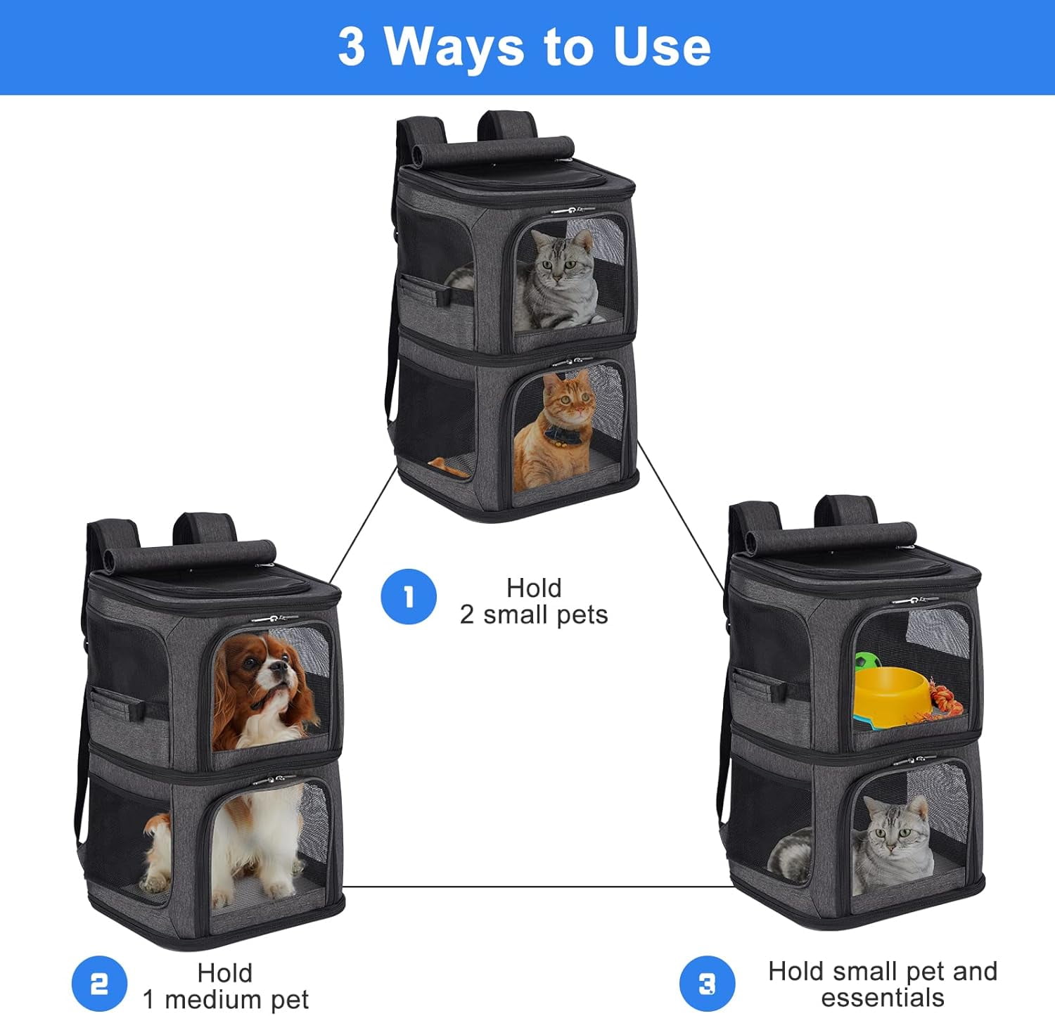 bathprove  2-in-1 Double Pet Carrier Backpack for Small Cats and Dogs, Portable Pet Travel Carrier, Super Ventilated Design, Ideal for Traveling/Hiking/Camping, Black