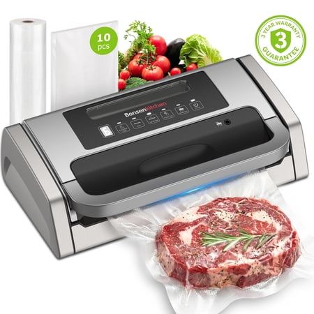 Bonsenkitchen Automatic Vacuum Sealer for Food, 5-in-1 Food Sealer Machine with Bag Rolls & Pre-cut Bags, Includes Jar Suction Hose, 65dB Quiet