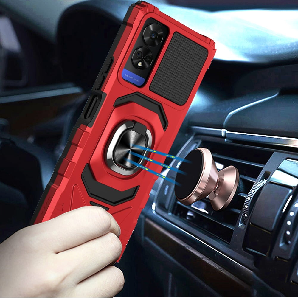For TCL 50 XE 5G Hybrid Dual Layer with 360° Rotate Magnetic Ring Stand Holder Kickstand TPU Rugged PC Shockproof Cover ,Xpm Phone Case [ Red ]