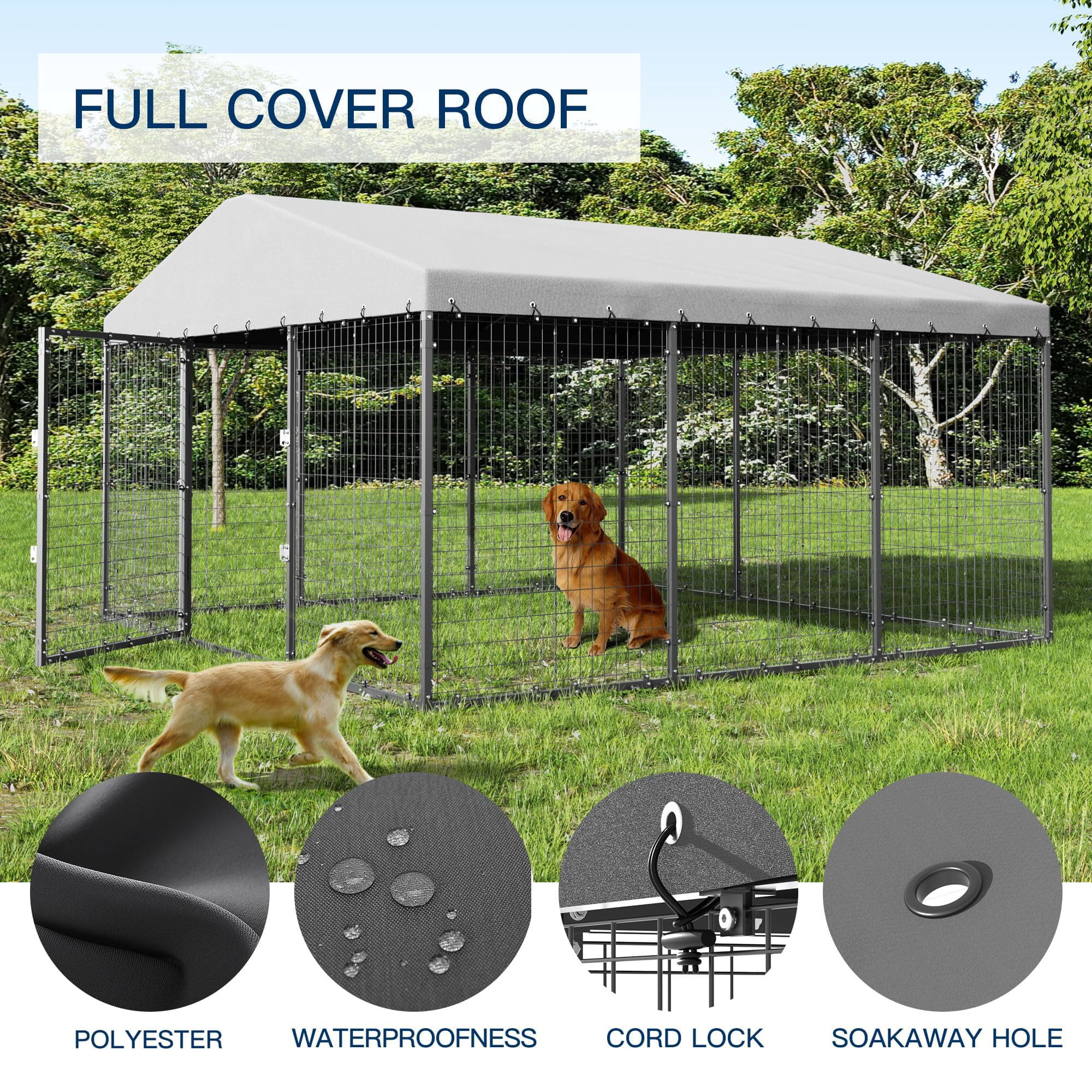 Large Heavy Duty Dog Kennel Outdoor, 118 x 118 x 70.9 Inch Galvanized Steel Dog Cage with Roof, Double Security Lock Pet Enclosure Fence, Black