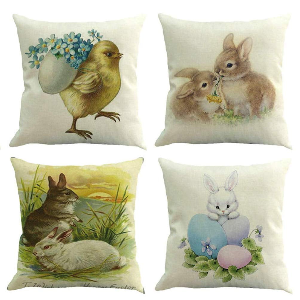 RYLABLUE Set of 4 Pillow Cases Easter Cute Bunny Rabbit Chick Colored