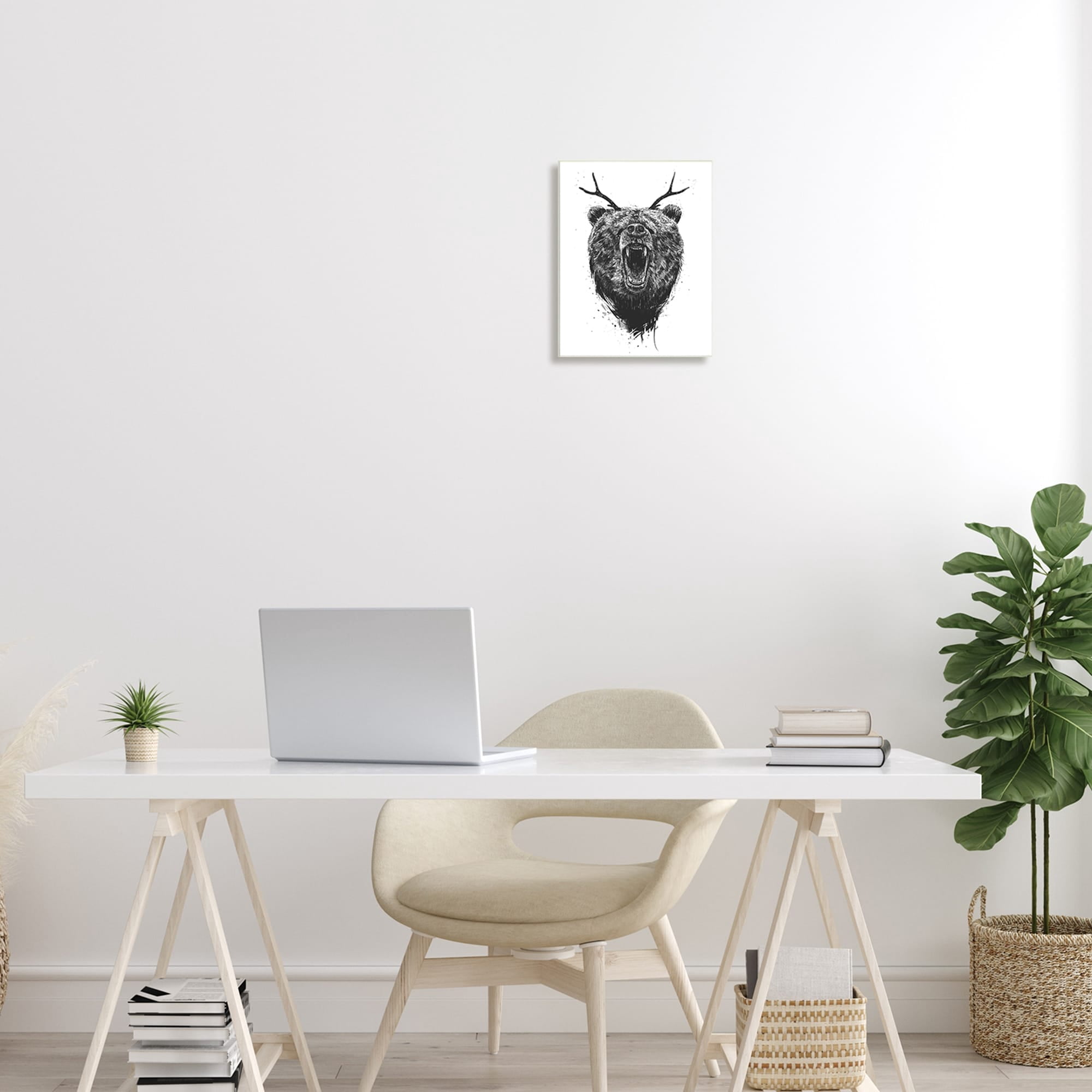 Stupell Industries Detailed Surreal Bear Roaring Antlers Monochrome Wood Wall Art, 10 x 15, Design by Balazs Solti
