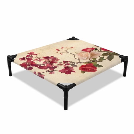 Spring Red Rose Elevated Dog Bed Country Watercolor Red Floral Green Leaf Linen Cooling Breathable Outdoor Raised Dog Cot Bed with Metal Frame Non-Slip Feet for Small Dog 20x20in