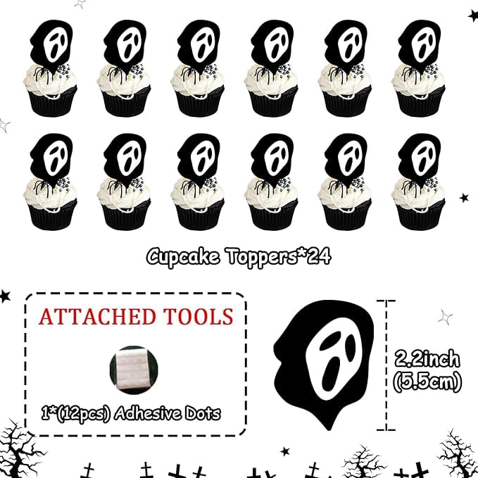 24PCS Halloween Horror Movie Cupcake Toppers Halloween Party Decorations Black Ghost Cupcake Toppers Scary Movie Themed Cake Decorations for Halloween Horror Movie Themed Party Decor Supplies