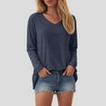 thumbnail image 2 of GEWSEY Womens 2025 Fall Long Sleeve Shirts Basic Apparel Shirts Trendy V Neck Tshirt for Women Curved Hem Tops (Blue, M), 2 of 9
