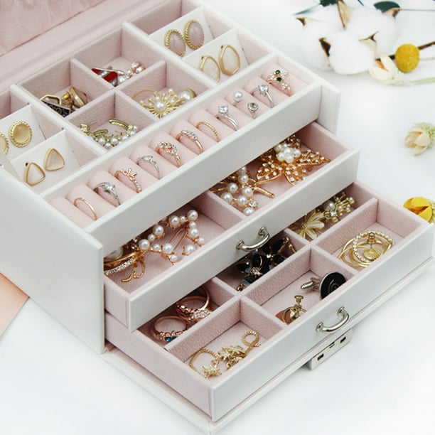 3 Layers Jewellery Box, Lockable Women Jewelry Case Storage Organizer with  Drawers for Earrings Rings Necklace