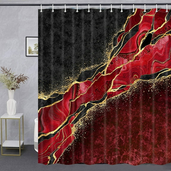 Chili Red Marble Shower Curtain, Cool Gold Crack Red Black Shower Curtain Set, Abstract Trippy Waterproof Shower Curtain Marble with Hooks,60X70IN