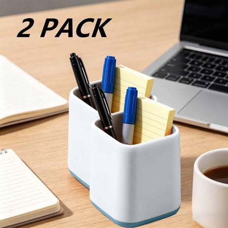 FEOLGEHLY 2 Pc Plastic Large Capacity Pen Pencil Holders for Desk Notebook Non Slip Durable Pen Organizer Cup Decorative Storage Box for Home Office Stationery and Makeup Brush Storage(White)