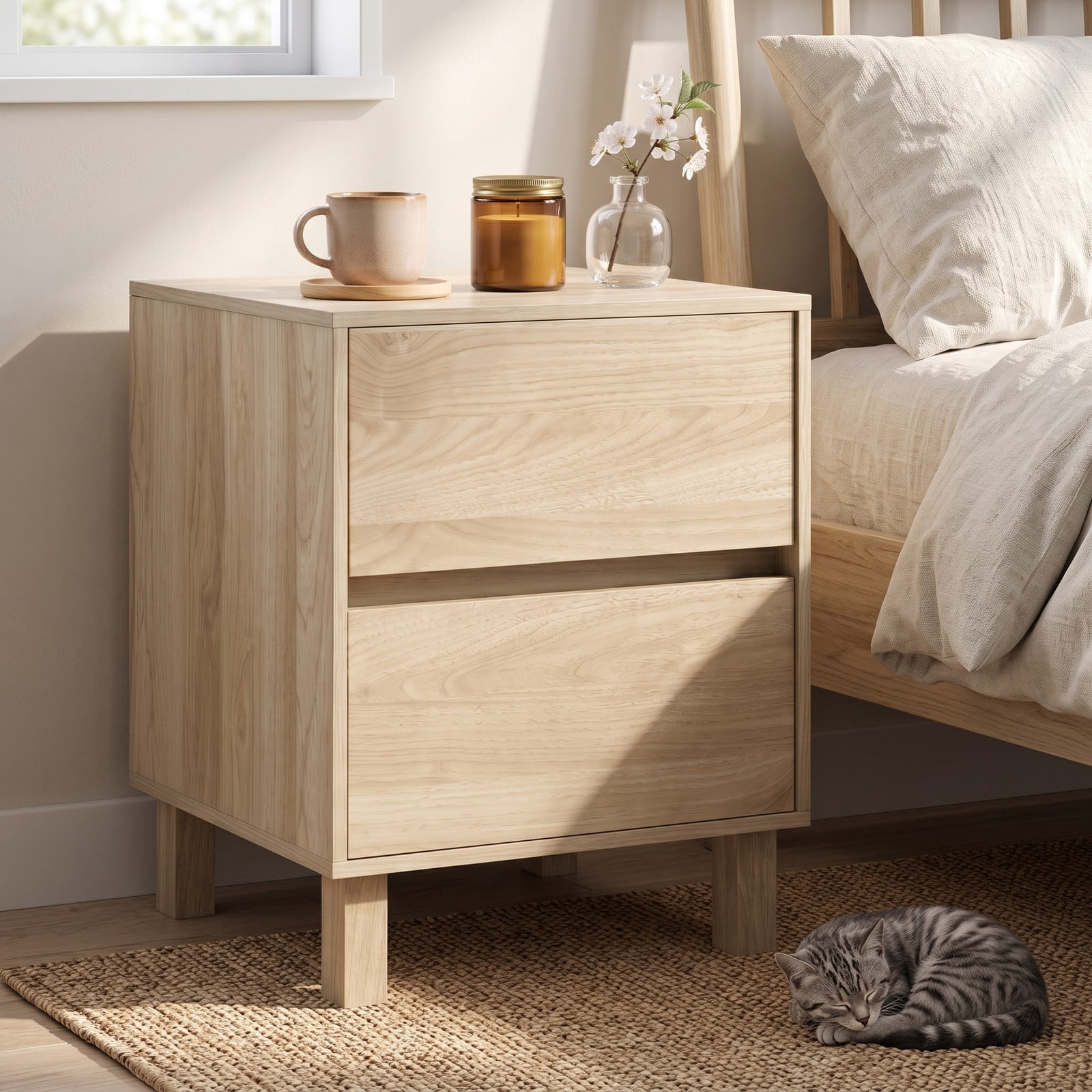 Furnibear Modern Wooden End Table with 2 Storage Drawers, Nightstand Side Table with Elevated Legs and Anti-Toppling Device for Living Room Bedroom Study, Natural