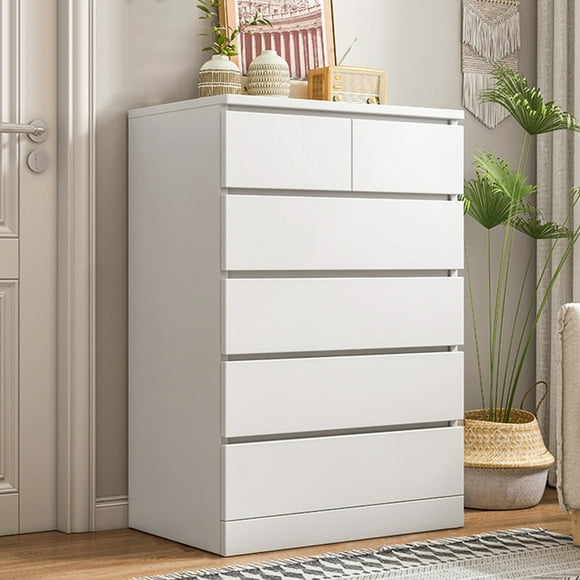 Dresser, White Dresser, Bedroom Dresser & Chests of Drawers, Tall Dresser with 6 Wood Drawers, Large Wood Dresser for Bedroom Closet, White