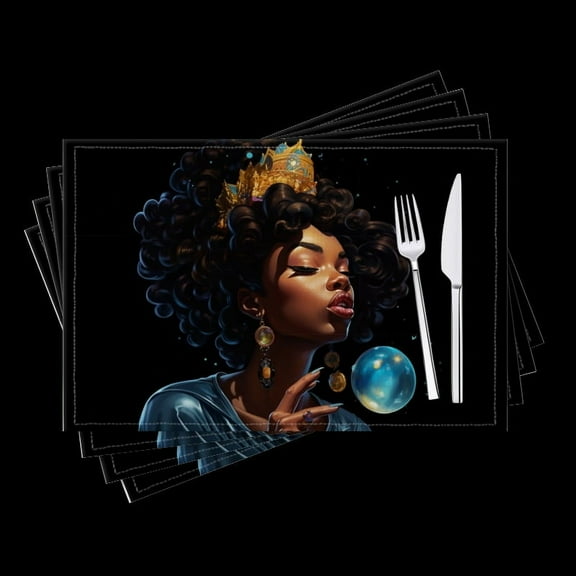 BaHomeck placemats Set of 4 Beautiful Black Woman With Long Afro Hair Blowing Blue Bubblegum Cotton Linen rectangle Placemats for Kitchen Dining Table Indoor,Outdoor,18*12inch