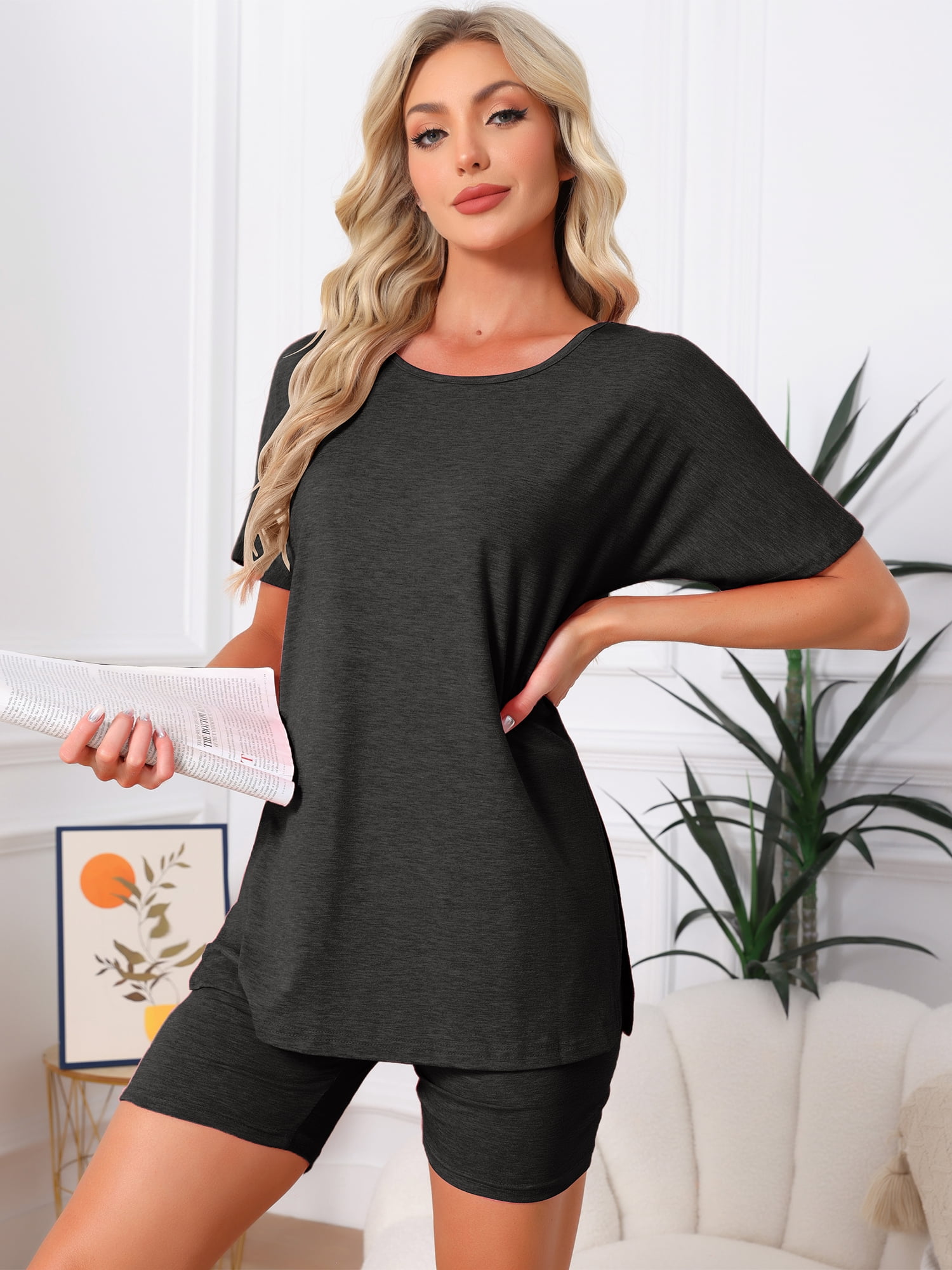 DARING DIVA Women's Pajama Set Split Jersey Knit Tops with Fitted Shorts 2XL Black