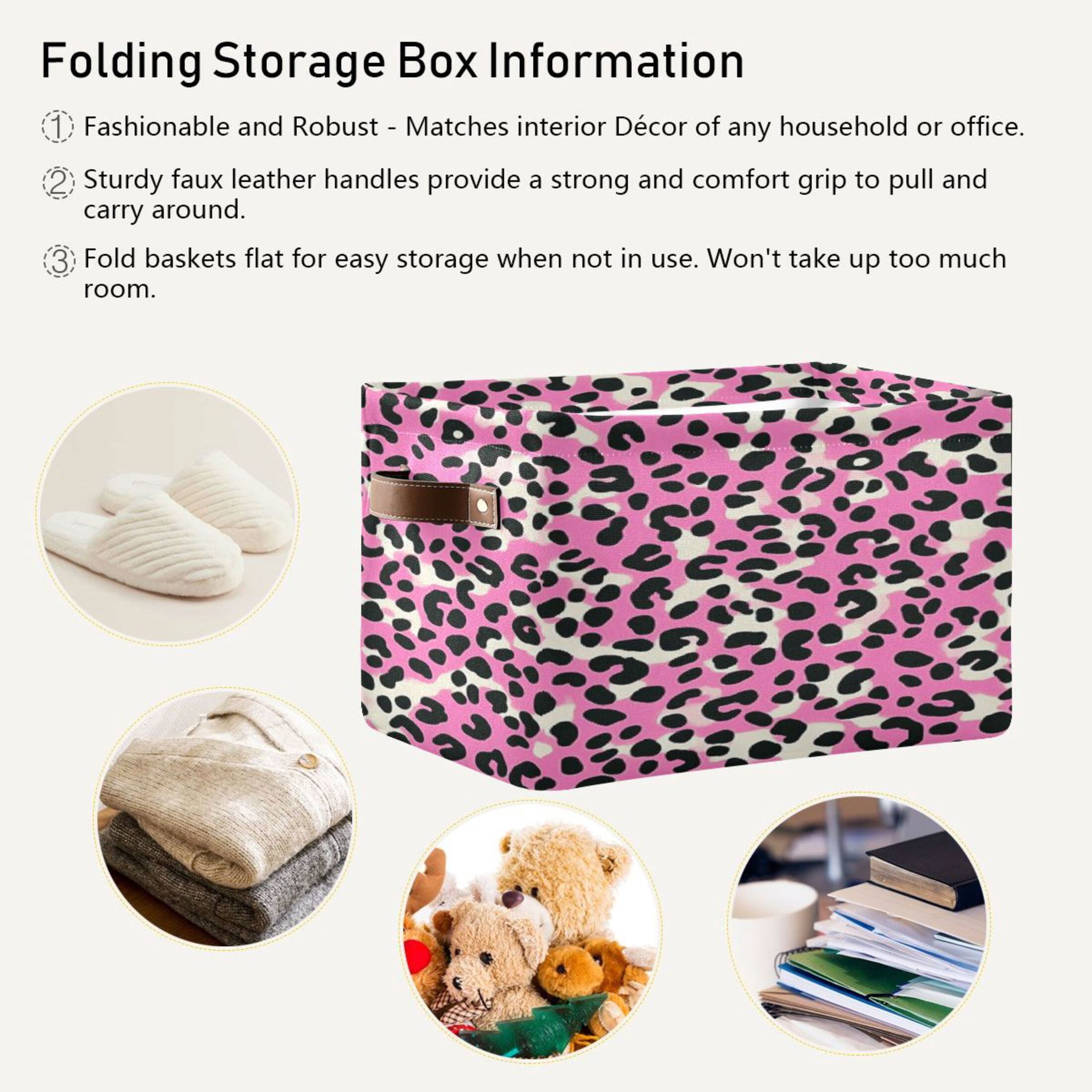 Pink and Black Leopard Foldable Storage Basket,Canvas Fabric Foldable Storage Bins with Handles Open Home Storage Bins Boxes for Toy Book Shelf Closet Baskets