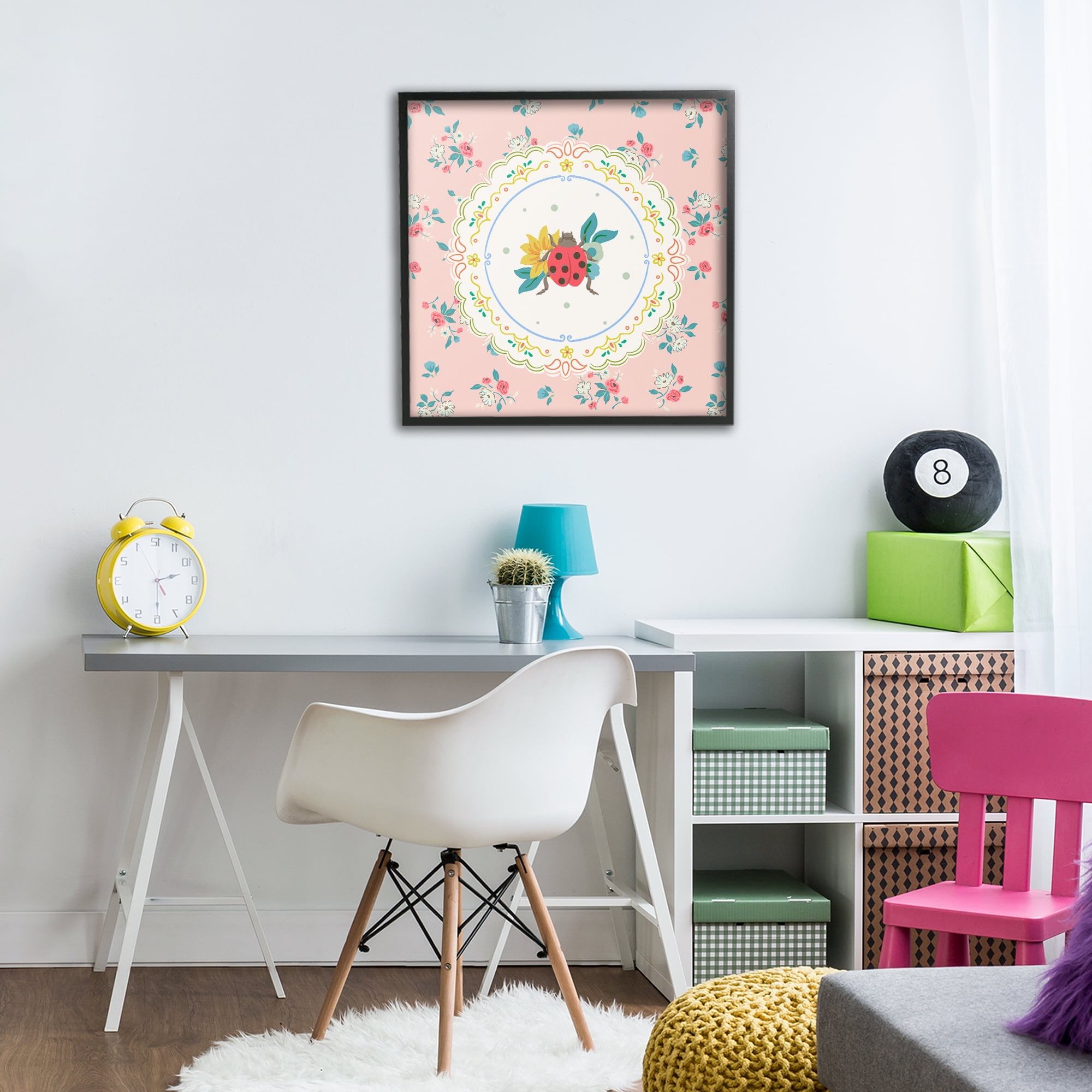 Spring Lady Bug Lace Pattern Black Framed Giclee Art, design by Angela Steahling