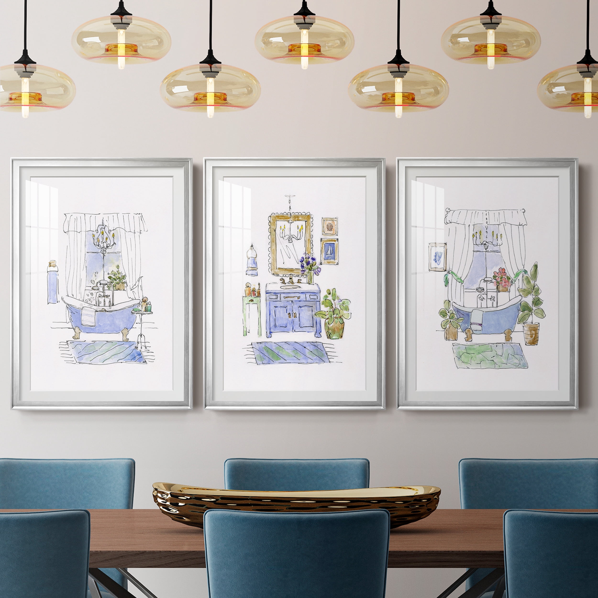 Sketchy Bath I Premium Framed Prints Set of 3 - Ready to Hang - 26.5 x 36.5 Each - Silver Frame