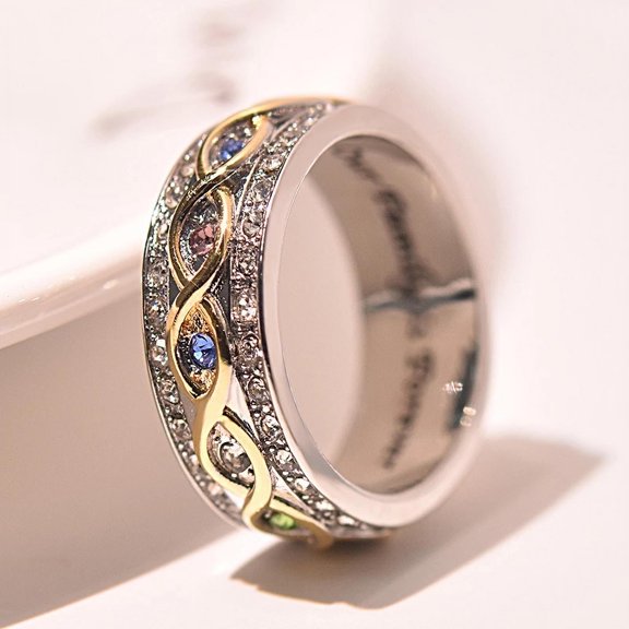 Fashion Two Tone Gold Ladies Ring Multi-color Zircon Crystal Our Family is Forever Carved Family Anniversary Birthday Present