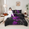 thumbnail image 4 of Manfei Dreamy Purple Flower Queen Comforter Set, Rose Floral Bedding Comforter Set, Romantic Anniversary Reversible Bedding Set, Ultra Soft Home Decor, 3pcs, 4 of 8