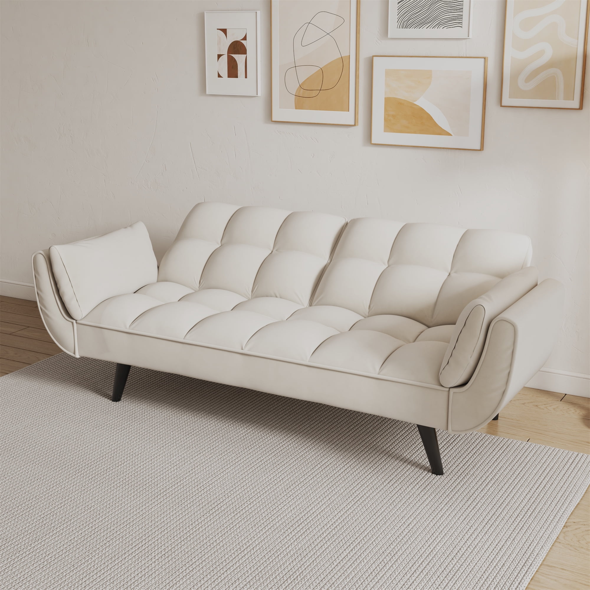 Aukfa 75" Flared Arm Futon Convertible Sofa Bed, Velvet Sleeper Couch for Home Office, Beige
