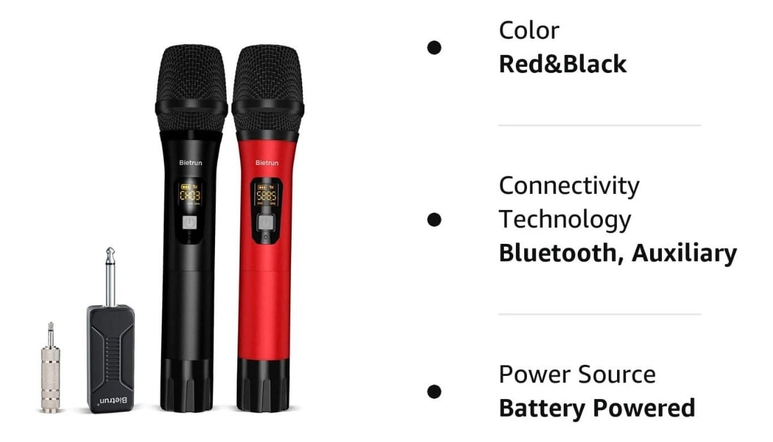 Wireless Microphone, Bietrun UHF Metal Dual Handheld Cordless Dynamic Mic System with Rechargeable Receiver, 1/4‘’Output, for Karaoke, Church, Speech, Wedding, Party Singing(160 ft Range)