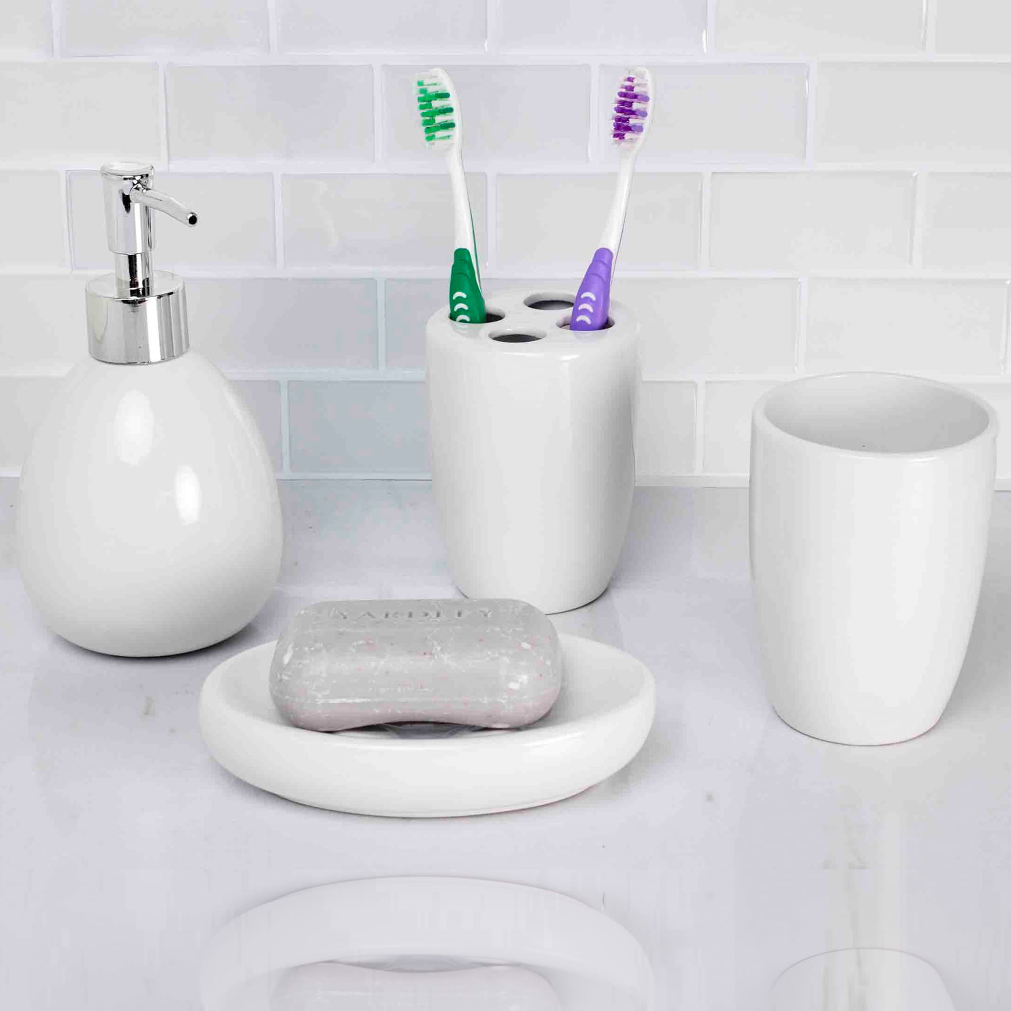 Home Basics White Ceramic Modern Bathroom Accessories 4 Piece Set ...