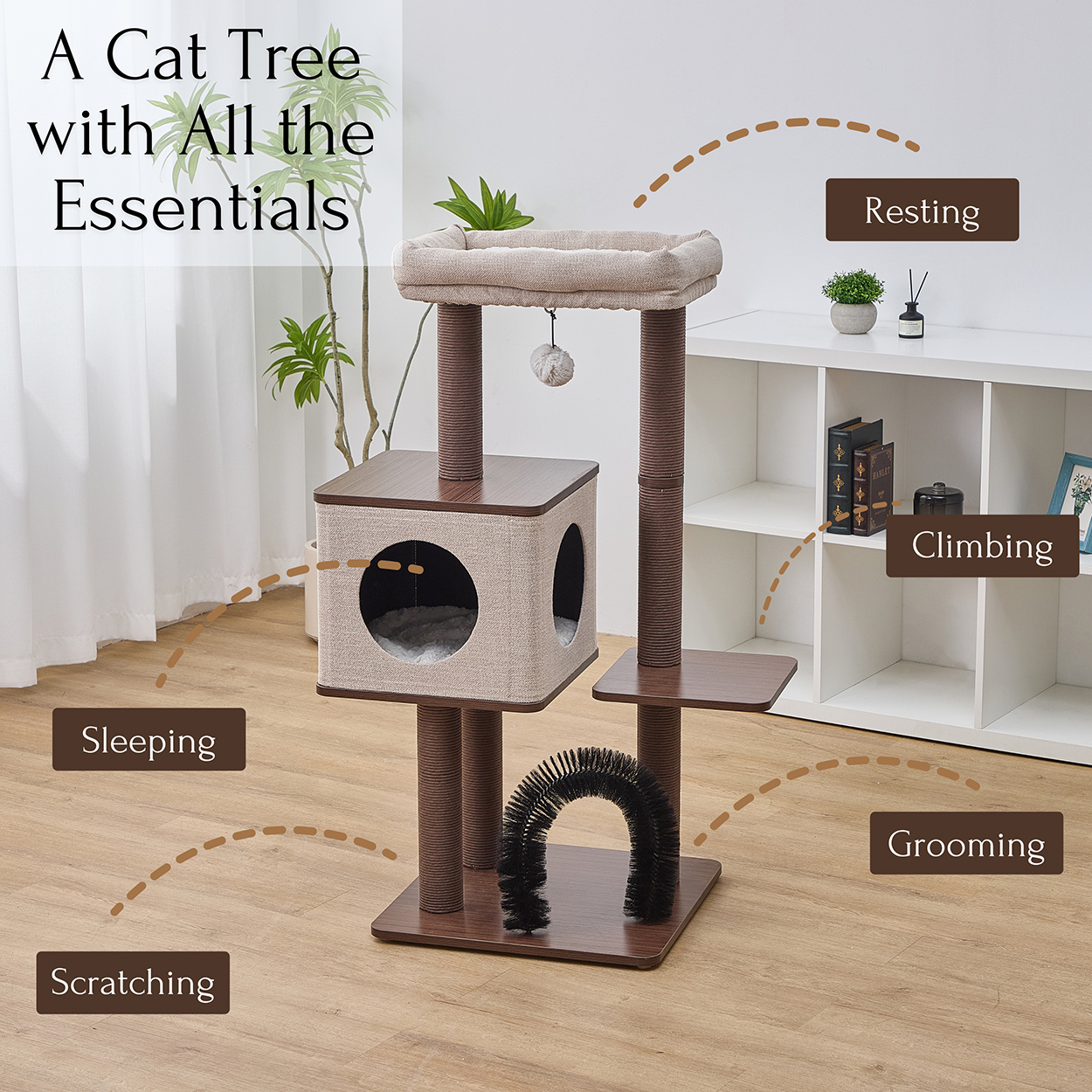 PetPals® Elevate  37” Modern Cat Tree with Recycled Paper Rope Posts, Washable Bed & Condo, Brown