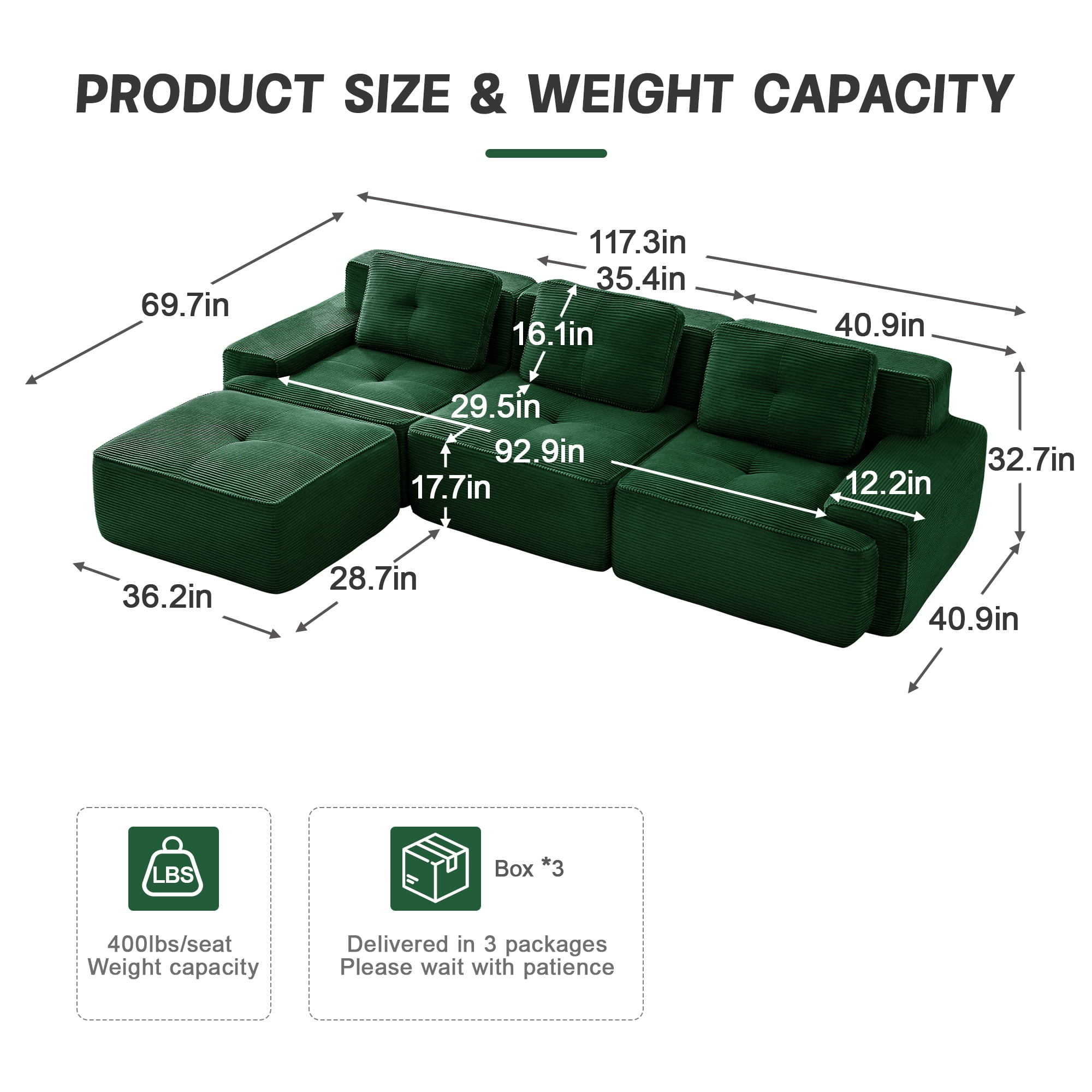 Yoneston 117" L-Shaped Modular Sectional Sofa 3 Seater Couch with Cushions and Ottoman, No Assembly Corduroy Sofa with Deep Seating for Living Room Bedroom Apartment, Green
