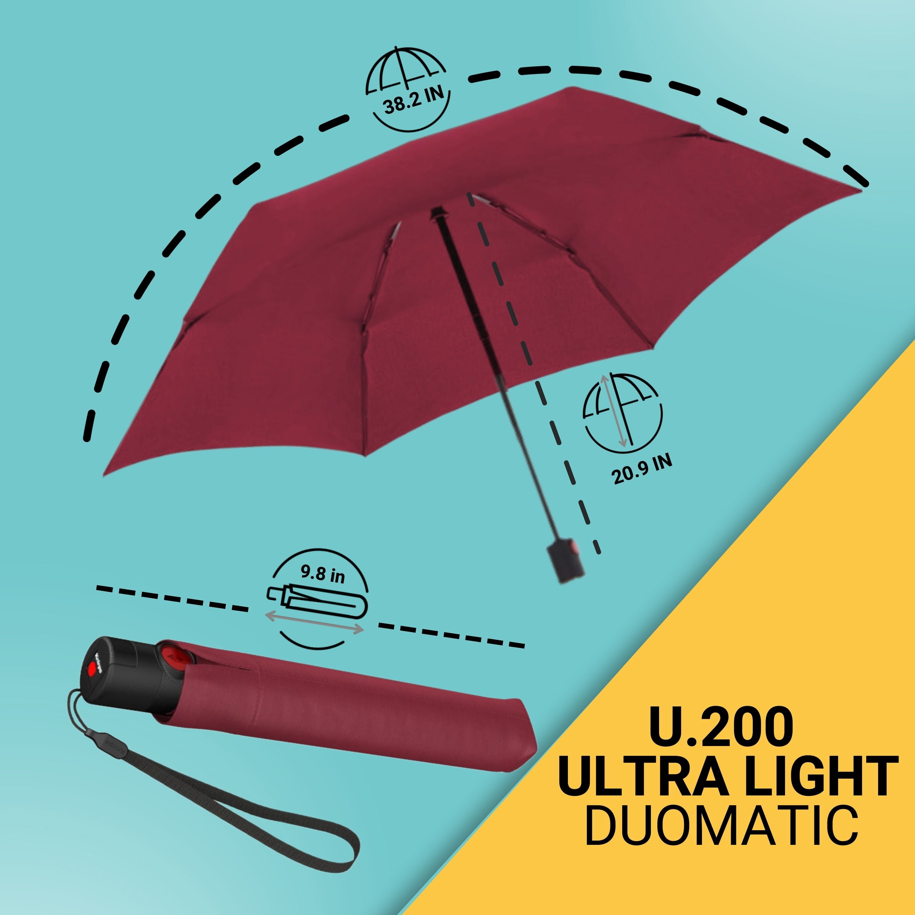 Knirps U.200 Ultra Light Automatic Rain Umbrella in Bordeaux – One-Touch Auto Open/Close, Wind-Tunnel Tested, 37in Canopy, Aluminum Fiberglass Frame, Pocket-Size Travel Umbrellas, Cover Included