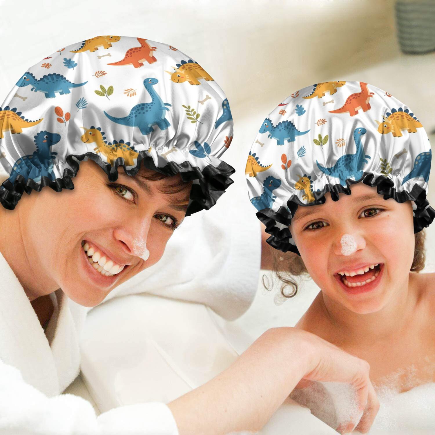 Shower Caps,White Cartoon Dinosaurs Bones Pattern Waterproof Shower Cap for Women 4 Pieces,Double Reusable Hair Cover for Shower PEVA Elastic Stretch Hem